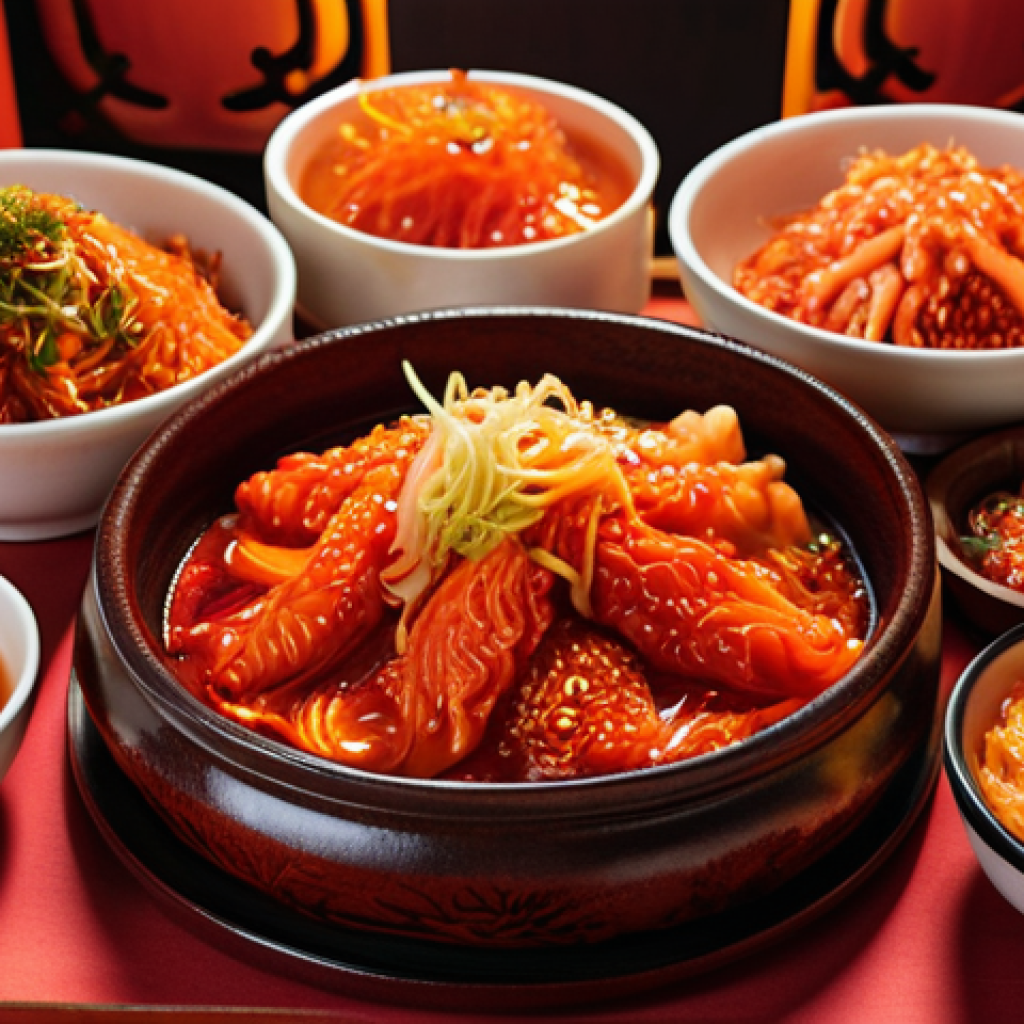 A vibrant fermented food feast, showcasing kimchi in shades of red, orange, and yellow with traditional Korean decorations and warm lighting.