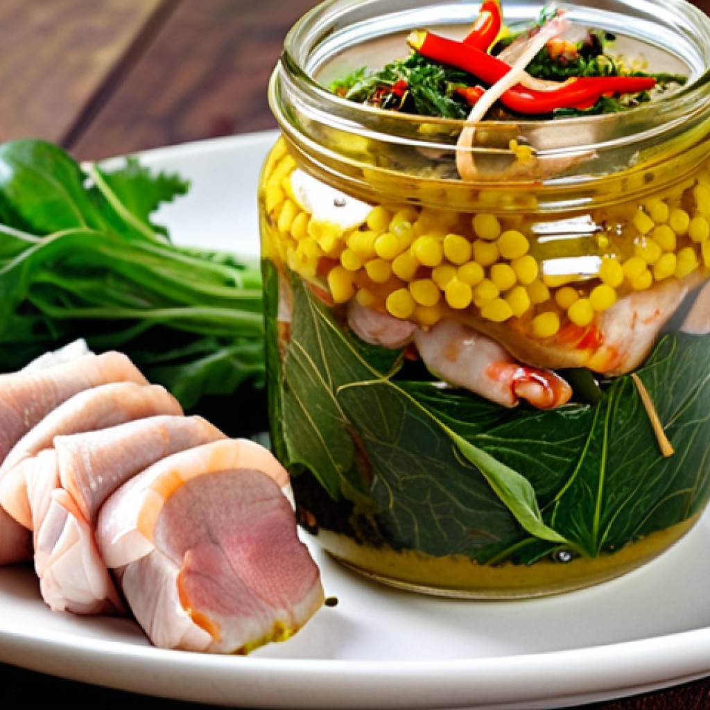 ** A modern Vietnamese kitchen setting. Focus on a beautifully packaged jar of "dưa cải" (pickled mustard greens) with shrimp next to a plate of thinly sliced pork belly (ba chỉ) ready to be wrapped. Include some fresh herbs and chili peppers for visual appeal. The overall impression should be clean, vibrant, and appetizing, hinting at a quick, delicious meal.

**