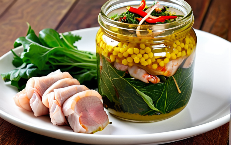 ** A modern Vietnamese kitchen setting. Focus on a beautifully packaged jar of "dưa cải" (pickled mustard greens) with shrimp next to a plate of thinly sliced pork belly (ba chỉ) ready to be wrapped. Include some fresh herbs and chili peppers for visual appeal. The overall impression should be clean, vibrant, and appetizing, hinting at a quick, delicious meal.
**